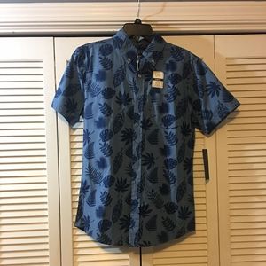 Blue Leaf Print Button Up Shirt